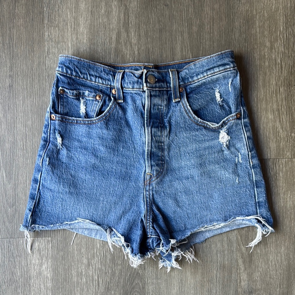Levi's Blue High-Waisted Jean Shorts with Distressed Hem